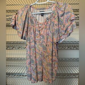 Chaps Pink and Blue Paisley Lace-Up Blouse